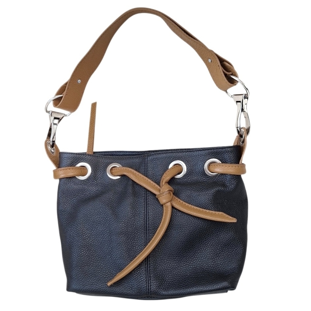 Vera Pelle Italian Leather Bucket Bag Black And Tan Drawstring Shoulder Bag